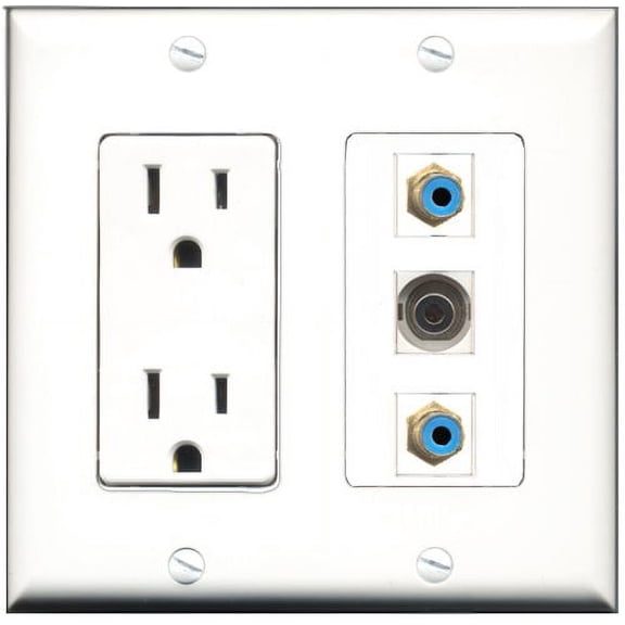 RiteAV - 15 Amp Power Outlet 2 Port RCA Blue 1 Port 3.5mm Decorative Wall Plate