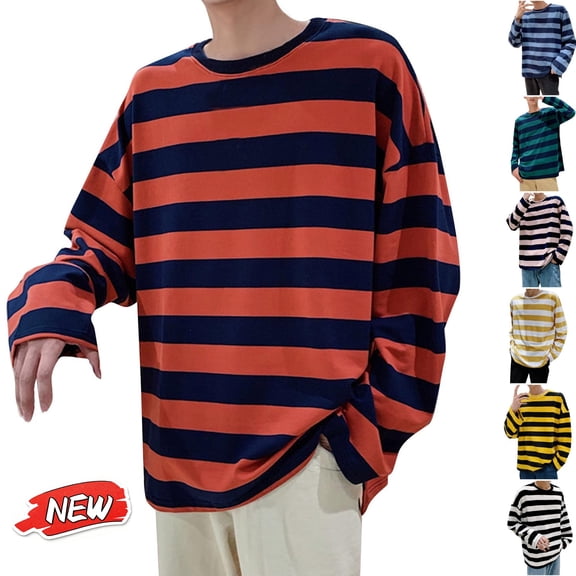 qafoshin Men's Striped Crewneck Long Sleeve T-Shirts Fall Casual Soft Loose Fit Casual Tops Fashion Basic Lounge Pullover Shirts