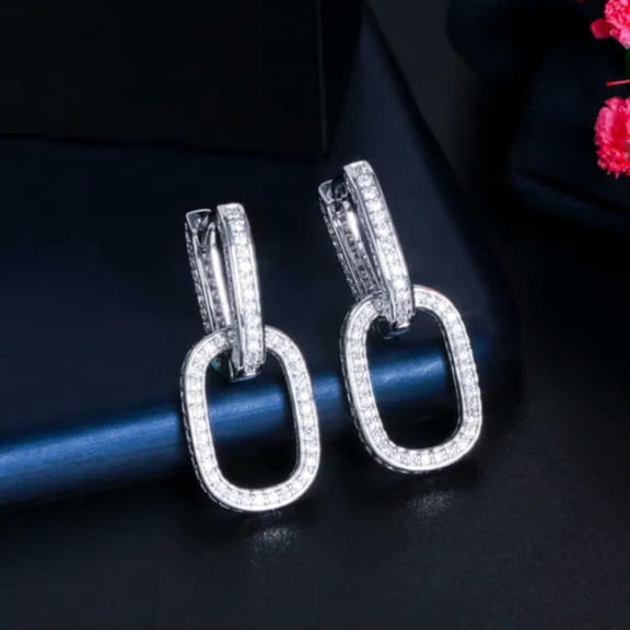 Luxury Gold Double CZ Cuban Link Chain Rectangle Huggie Drop Earrings for Women