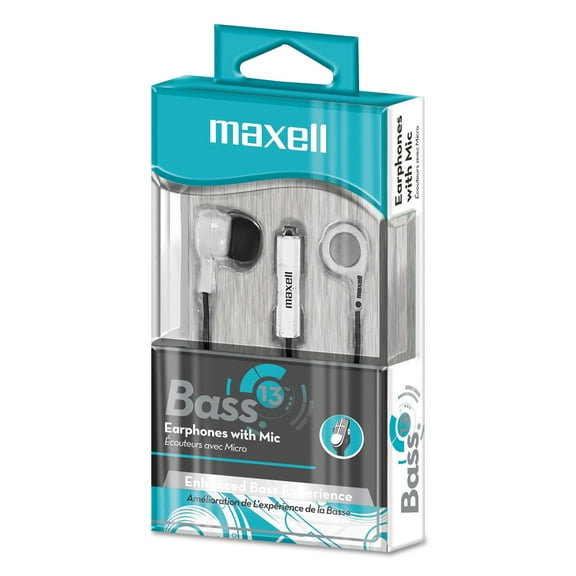 Maxell® B-13 Bass Earbuds with Microphone, 52" Cord, White 199725