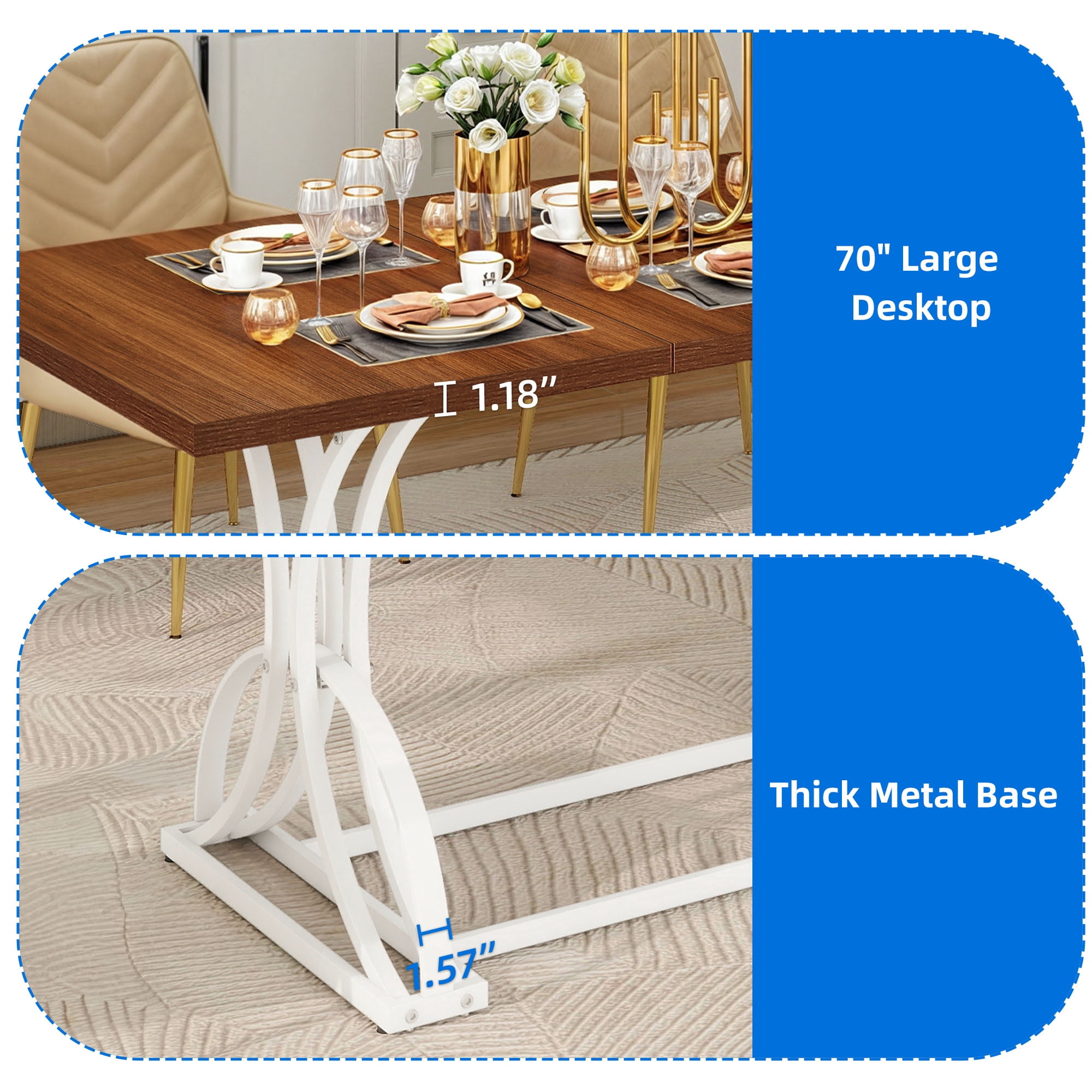 Dextrus 70" Wood Dinner Table for 6-8 Person, Rectangular Kitchen Table with Metal Leg for Gathering, Meeting, Office Kitchen, Dining Living Room, Walnut