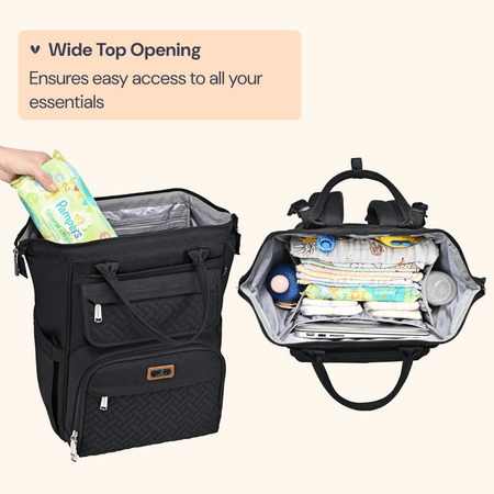 BabbleRoo Wide Top Diaper Bag Backpack, Spacious & Stylish Nappy Organizer, Black, 1 pc