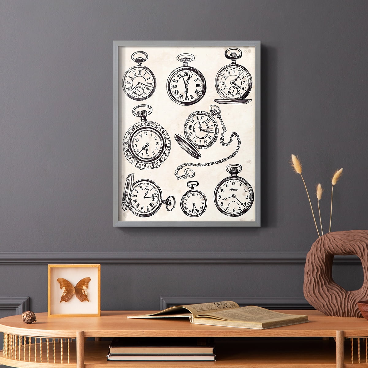 Pocket Watch Sketches I in Gray Solid Wood 8 x 10 Framed Print