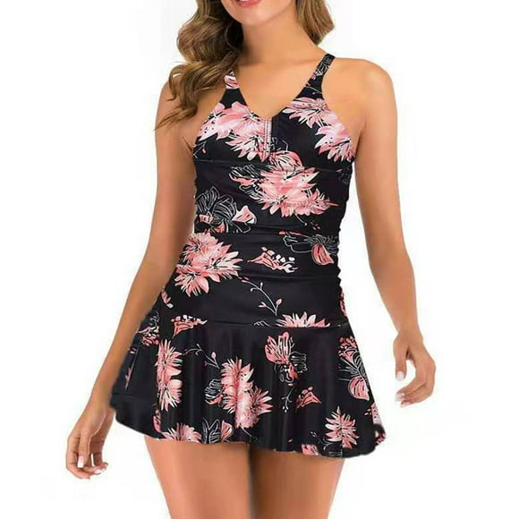 Meichang Women's One Piece Swimsuit Beach Tropical Floral Swim Dress Tummy Control Bathing Suit Ruffle Push-Up Padded Swimwear