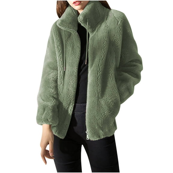 VINUSLI Womens Sherpa Jackets for Women Elegant Stand Collar Coats Solid Plush Winter Soft Warm Fleece Zip Up Jacket Outwear with Pockets Green,M