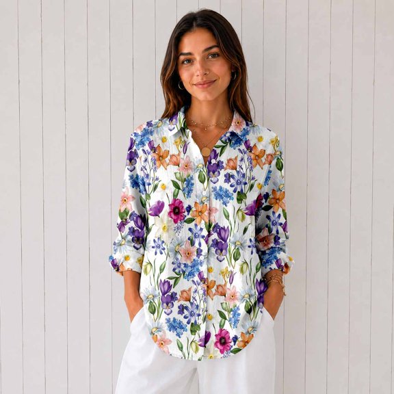 Women’s Casual Printed Button Down Long Sleeve Blouse Shirt
