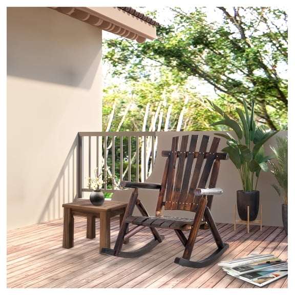 Outdoor Rocking Chair Wooden Adirondack, Rustic Rocker - Patio, Garden, Porch - Slatted Seat, High Back, Brown