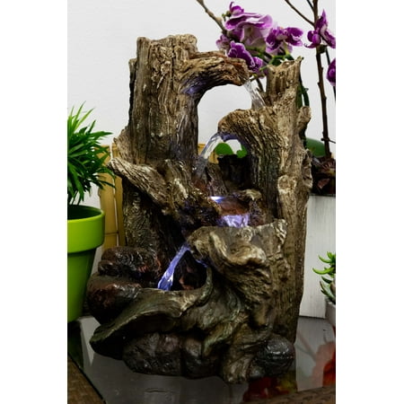 Bamboo Tabletop Fountain - Alpine 5-Tiered Rainforest Tree Trunk Tabletop Fountain w/ LED Lights, 14 Inch Tall