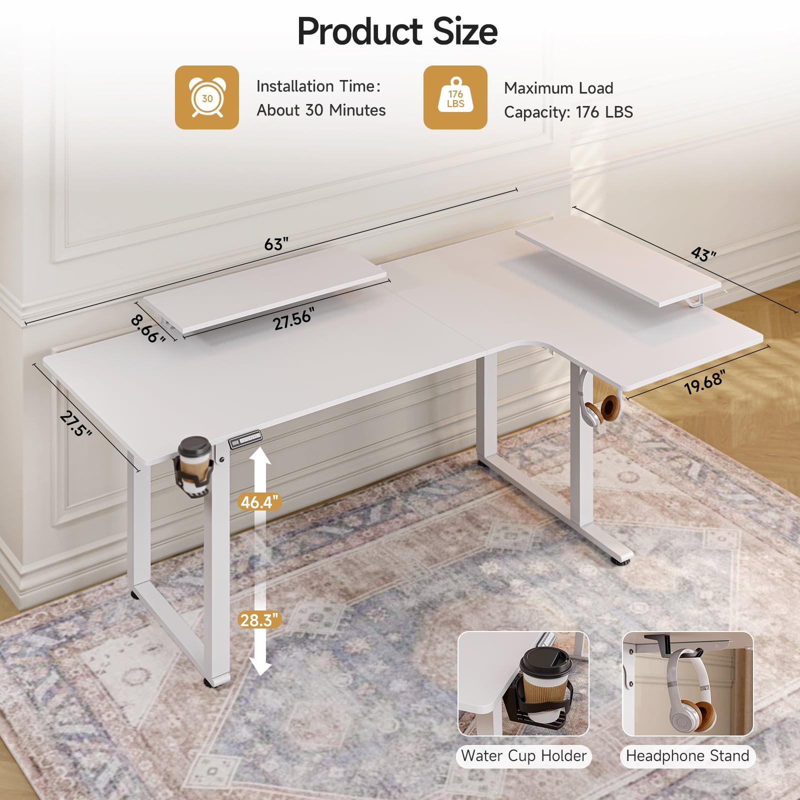 63x43 Inches L Shaped Standing Desk, Electric Stand Up Desk with 2 Adjustable Monitor Shelves, White