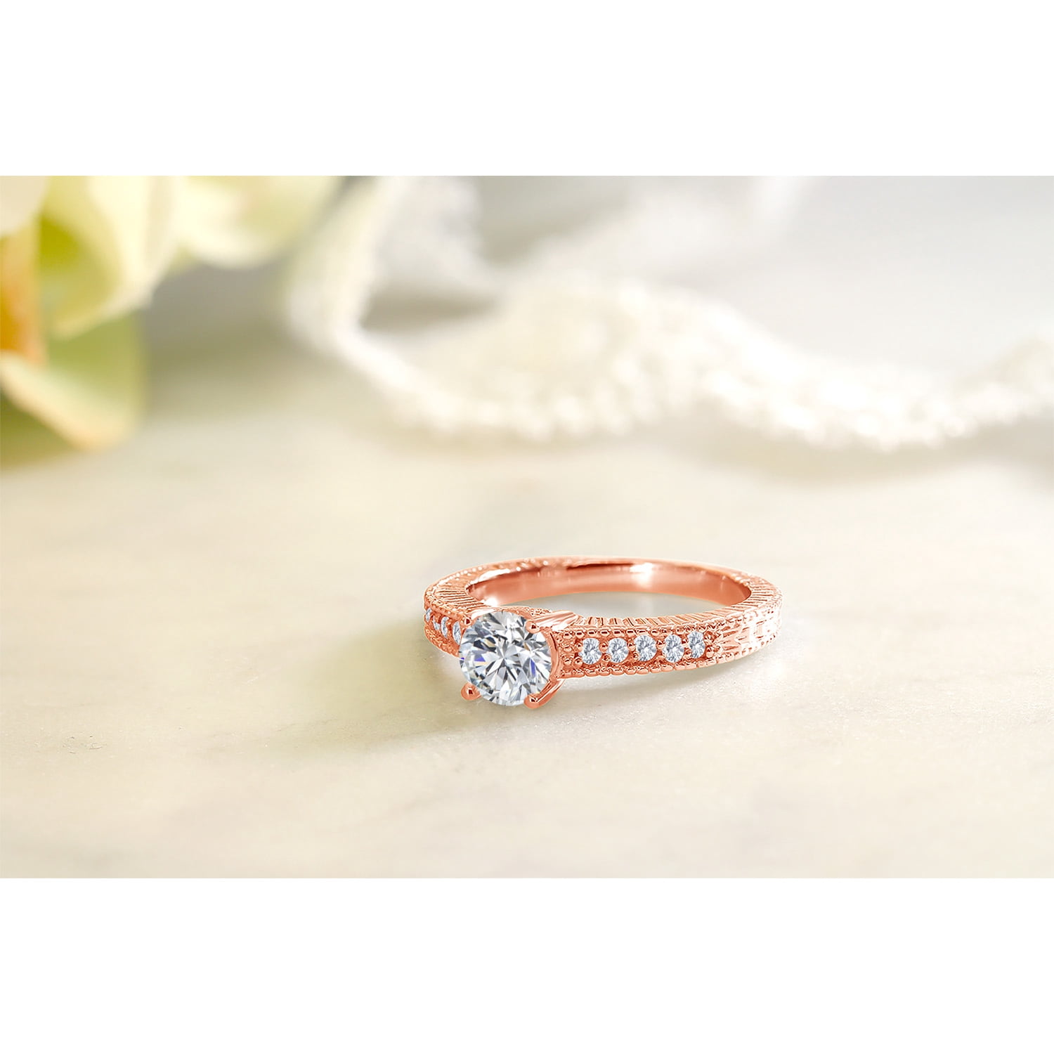 Gem Stone King 18K Rose Gold Plated Silver Lab Grown Diamond Engagement Ring for Women | 0.89 Cttw | Round 6MM | DEF Color | VVS-VS Clarity | Wedding Engagement Anniversary Ring for Women | Size 7