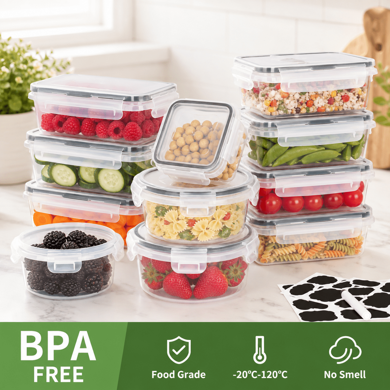 Fenbeli 32-Piece Airtight Food Storage Containers with Lids, BPA-Free Stackable Meal Prep Set with Labels, Clear