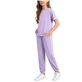 thumbnail image 2 of Asxite Girls Summer Outfits Casual Solid Short Sleeve Round Neck Tee Pants Set 2 Piece, 2 of 7