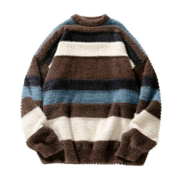 Jgppe Fuzzy Sweaters for Men Striped Drop Shoulder Long Sleeve Oversized Vintage Knit Pullover Tops
