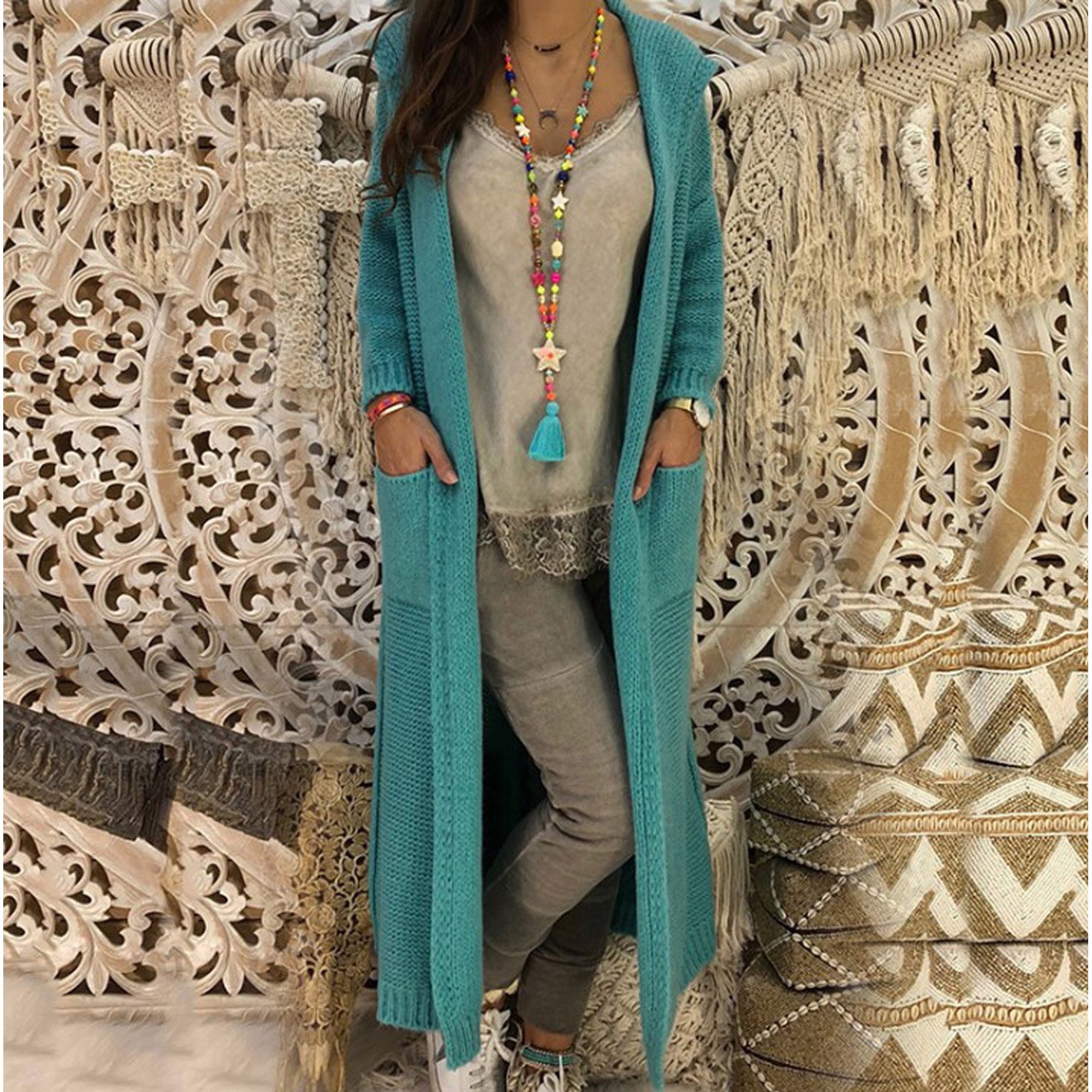 Coats For Women Womens Long Cardigan Sweaters Hooded Knitted Oversized  Sweater Coat Green L Ql1419 - Walmart.com