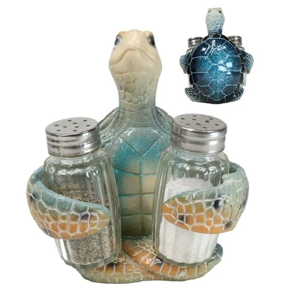 Nautical Marine Blue Giant Sea Turtle Hugging Salt And Pepper Shakers Holder Set