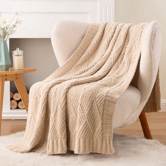 Battilo Beige Knitted Throw Blanket,Soft Textured Chenille Blanket, Lightweight Decorative Throw,50"x60"
