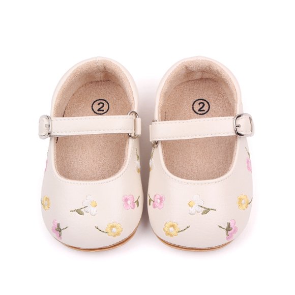 Gupgi Baby Girls PU Leather Shoes 6 12 18 Months Infant Flats Shoes Floral Embroidery Princess Shoes