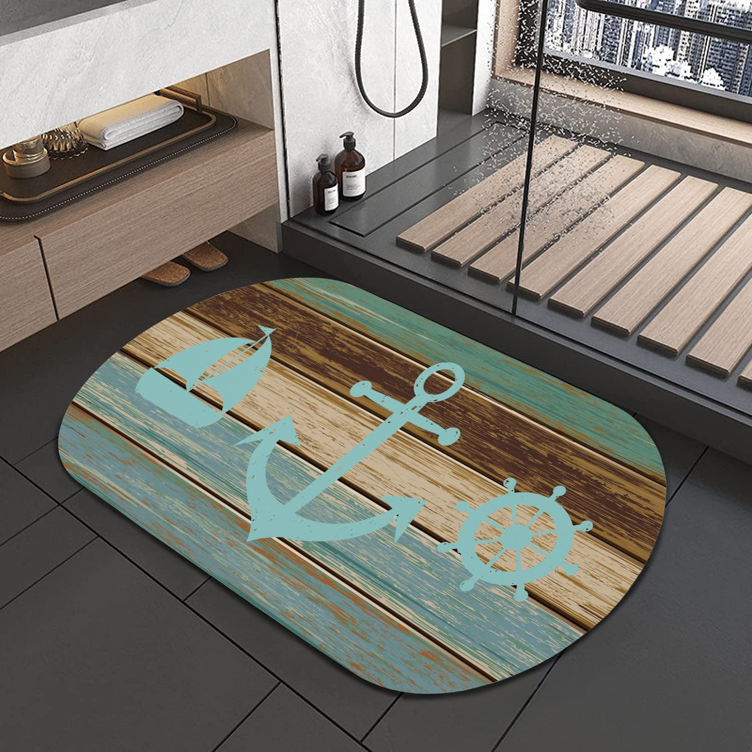 Nautical Anchor Bathroom Rugs Non Slip Washable 17"x27" Super Absorbent