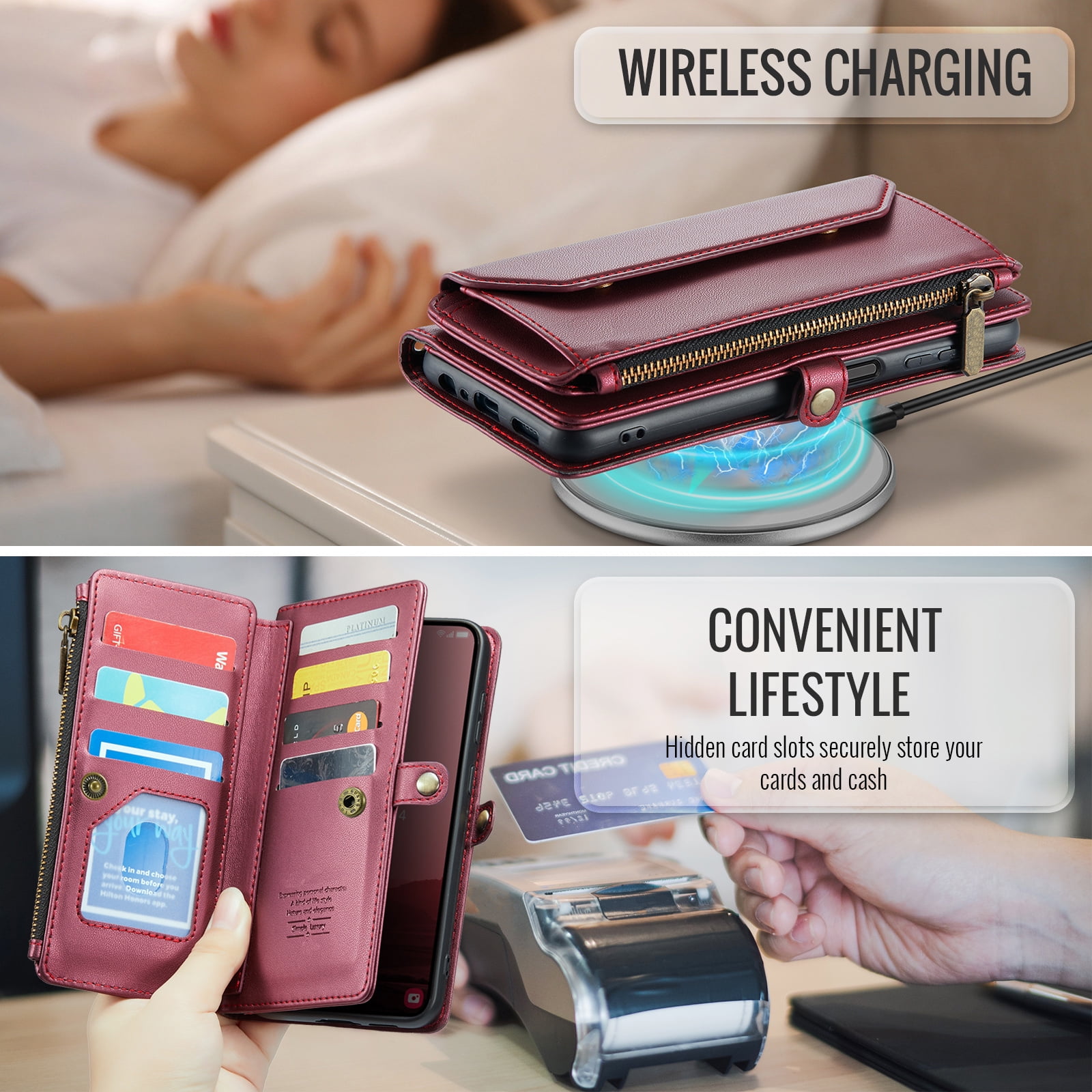 Compatible with Samsung Galaxy S25 Plus S25+ 5G Zipper Wallet Phone Case Tempered Glass Screen Protector Crossbody Lanyard Strap Flip Card Holder Slot Cell Cover for S25Plus 25S + S 25 Women Wine Red