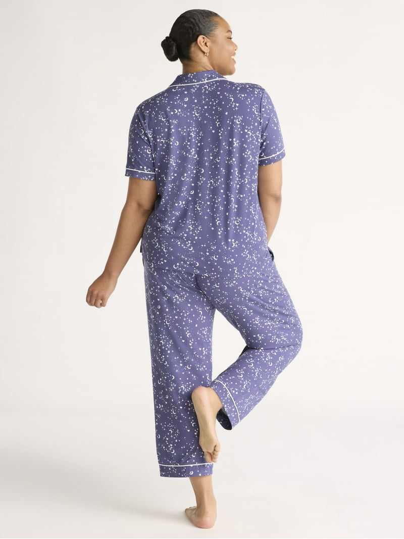Joyspun Women's Knit Notch Collar Short Sleeve Top Capri Pajama
