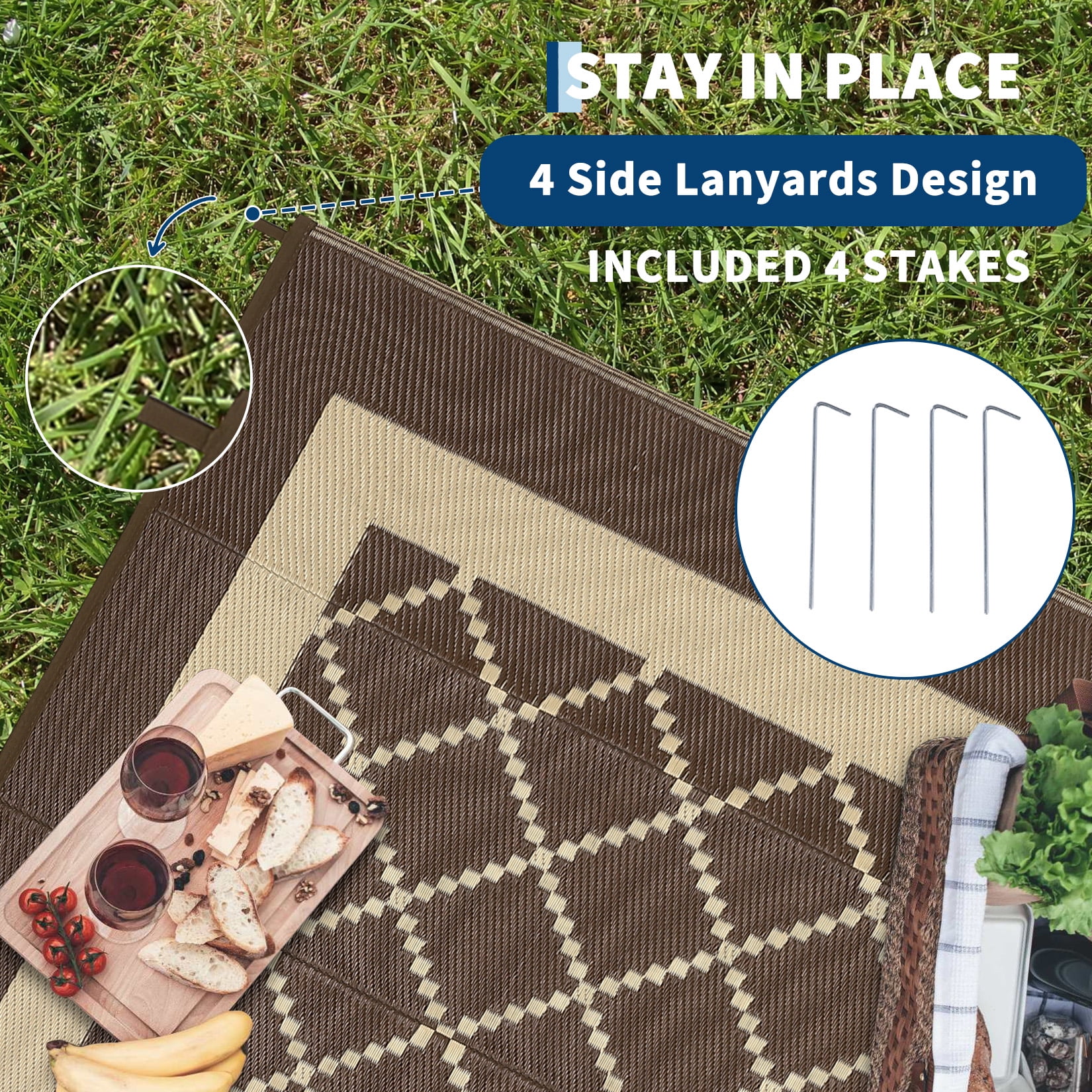 Garvee Outdoor Rug 9'x12' Waterproof Rug for Patios, Reversible Plastic Straw Rug Camping Carpet Mats for RV, Picnic, Backyard, Balcony, Porch, Beach, Brown