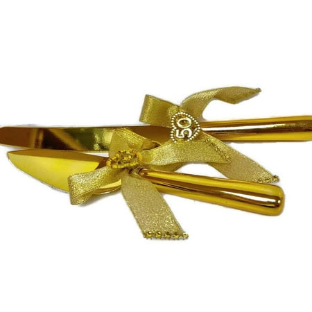- 50th Anniversary Cake Knife and Server Set Gold Color Keepsake