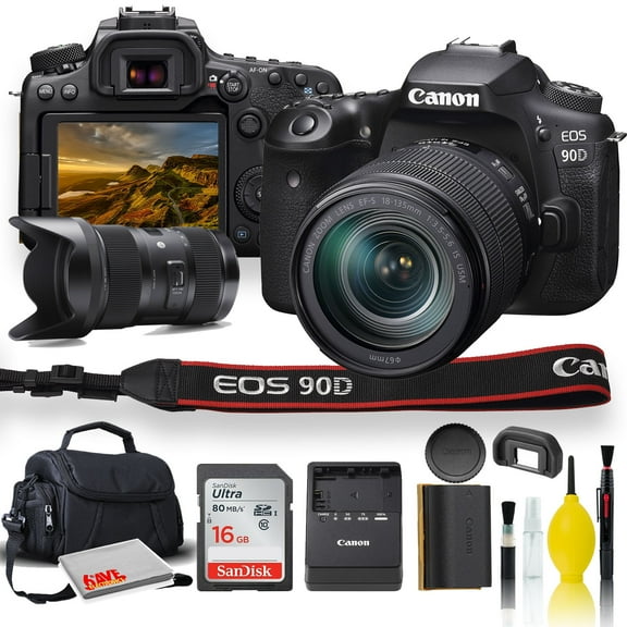 Canon EOS 90D DSLR Camera with 18-135mm Lens, Sigma 18-35mm Lens, Soft Padded Case, Memory Card, and More (International Version)