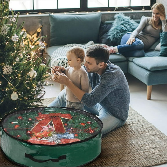 Christmas Wreath Storage Bag, 2 Pcs Garland Holiday Container, Clear Window, Tear Proof Fabric, Easy to Carry, Suitable for Artificial Door Wreaths