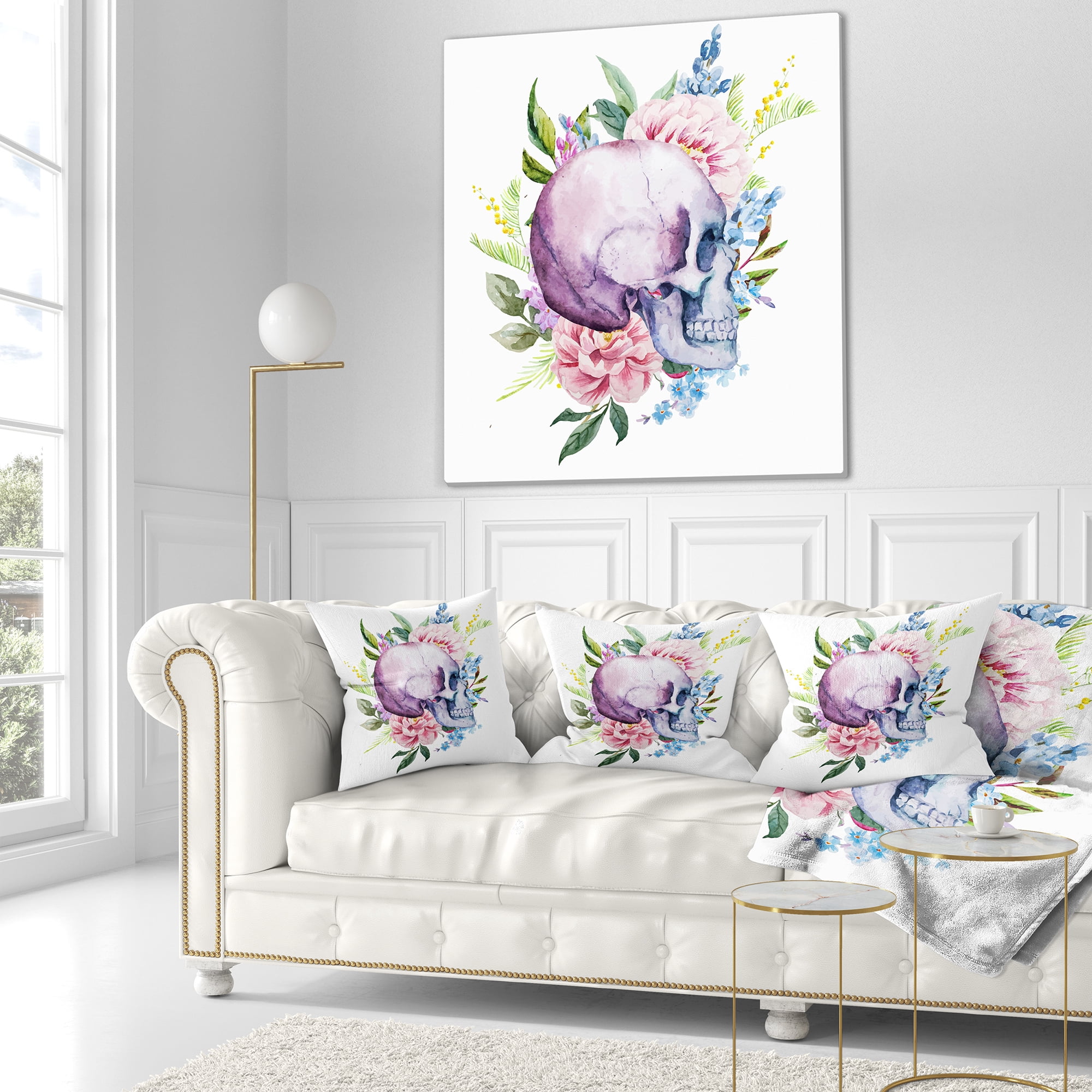 Designart Skull with Flower Borders - Floral Throw Pillow - 18x18