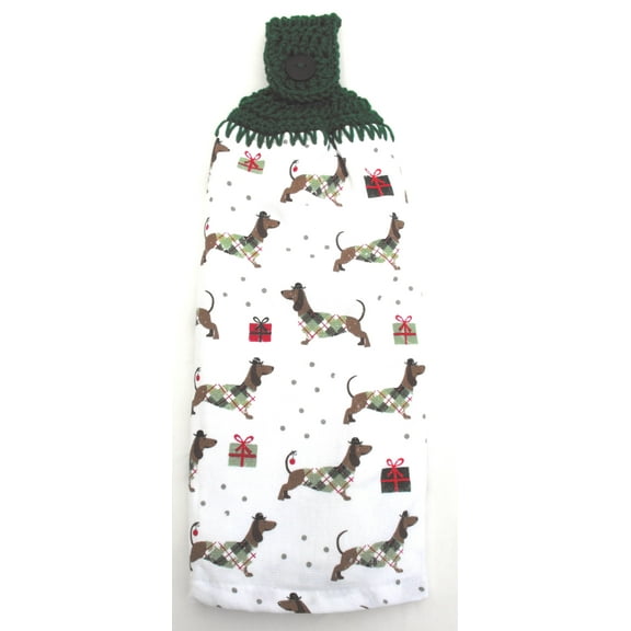 DACHSHUNDS IN CHRISTMAS SWEATERS & PRESENTS - HANDMADE CROCHET TOP HANGING KITCHEN TOWEL