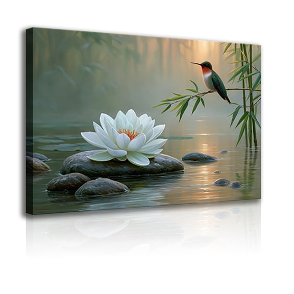 A tranquil lotus, hummingbird, and bamboo wall art canvas frame, a Zen-inspired natural poster, suitable for meditation rooms, spas, and living room décor.