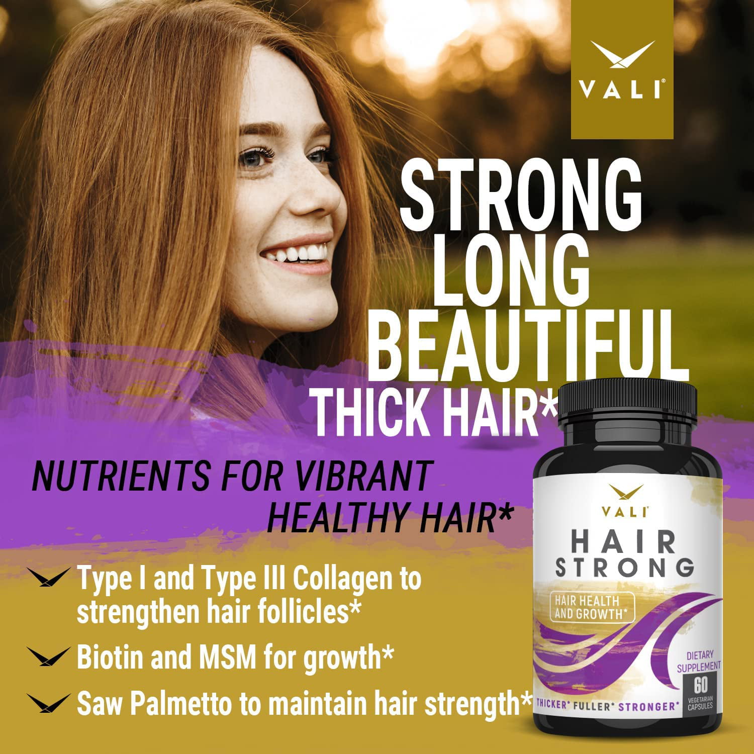 VALI Hair Strong Hair Health Vitamins & Growth Supplement, 60 Veggie  Capsules 