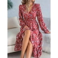 thumbnail image 4 of Women'S Long Sleeve Floral Print V-Neck Ruffle Hem Maxi Dress Shirred Waist Red L, 4 of 9