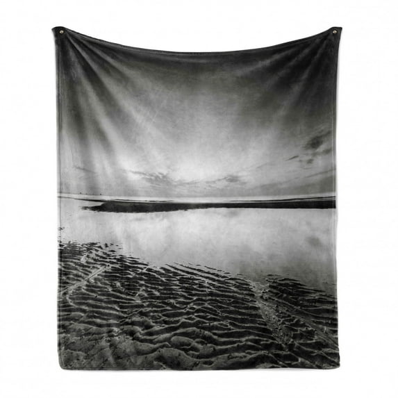 Black and White Soft Flannel Fleece Throw Blanket, Idyllic Sunrise at the Beach Rippled Seashore Dramatic View Image, Cozy Plush for Indoor and Outdoor Use, 70" x 90", Black White Grey, by Ambesonne