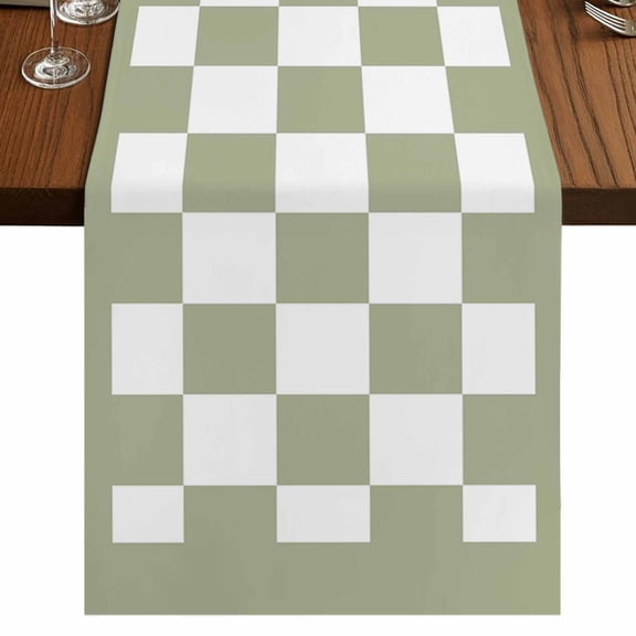 Sage Green Plaid Short Table Runner 36 Inches Long,Farmhouse Green White Checkered Lace Cotton Linen Table Runners Dresser Scarves,Tabletop Scarf Furniture Cover for Home Dinner Party Decor 13"x36"
