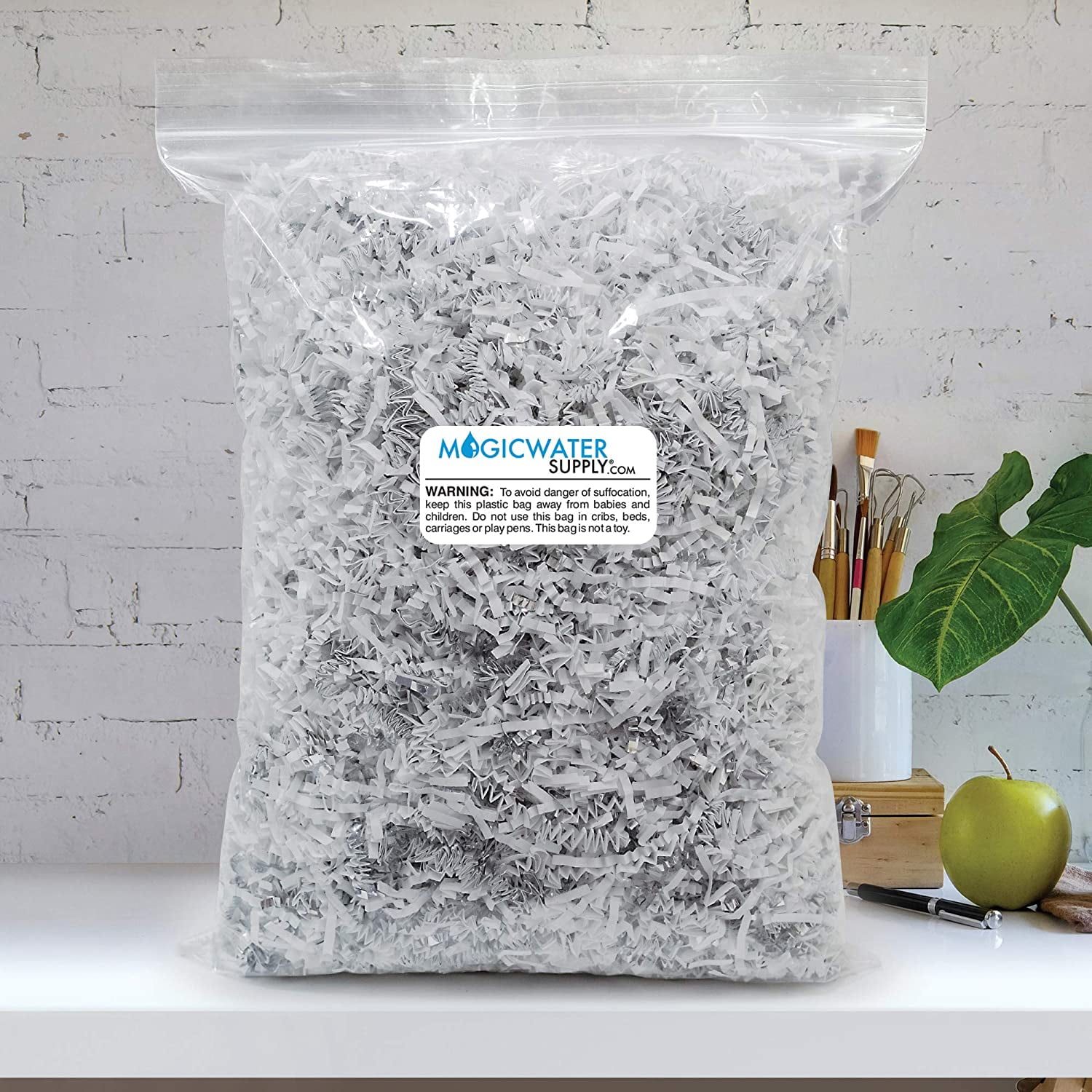 Crinkle Cut Paper Shred Filler (2 LB) for Gift Wrapping & Basket Filling - White & Silver| MagicWater Supply