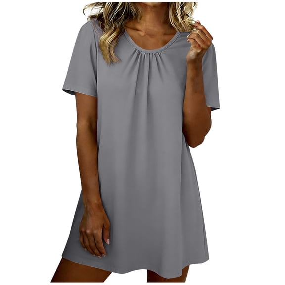 Sleepwear Dress Long New Summer Round Neck Nightgown for Women Loose Fits Pleated Short Sleeve Nightdress Soft Comfy Home Sleepdress