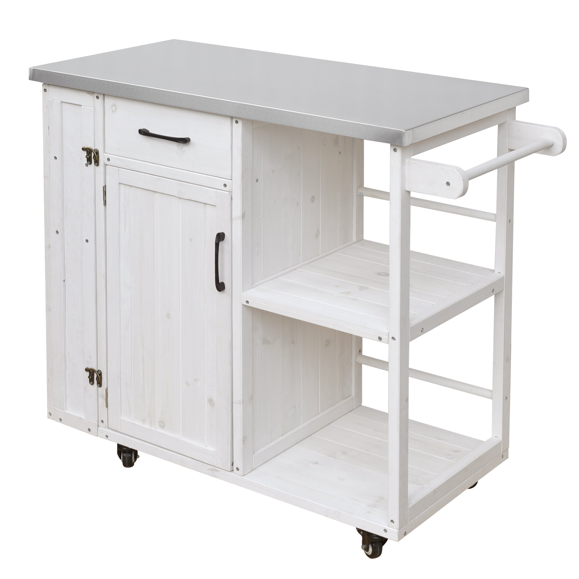 Outdoor Kitchen Island with Stainless Steel Top, Fir Wood Prep Station, Lockable Kitchen Cart with Storage Cabinet for Patio, BBQ, White