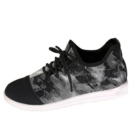 OJSFQUFP Women s Flats New Contrast Tie Dyed Flat Bottom Lace Up Casual Sports Shoes Ladies Printed Casual Shoes Casual Work Shoes Women Dark Gray 40