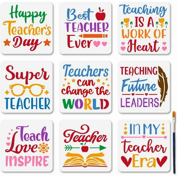 9Pcs Teacher's Day Stencils 5.9×5.9inch Book Love Blessing Stencils with Paint Brush Reusable Best Teacher Ever Templates for Wood Wall Window Gift Craft colorful DIY