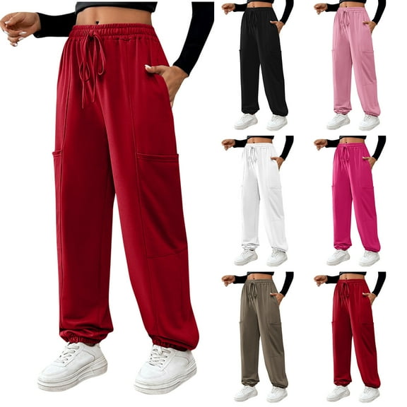 Brondbend Womens Jogger Sweatpants Long Pants for Women Casual Solid Color Drawstring Elastic Waist Cotton Workout Trousers with Pocket Wide Leg Outdoor Sport Winter Comfortable