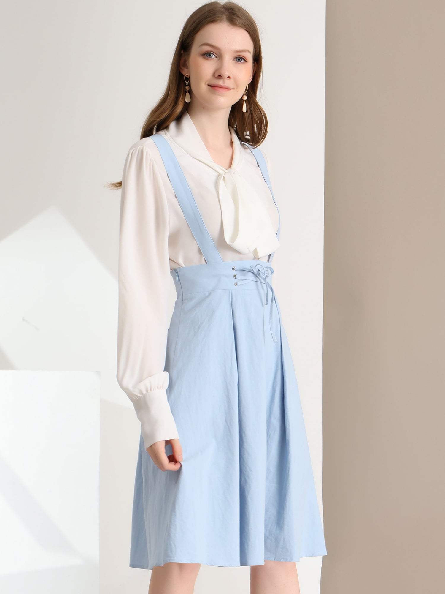 DARING DIVA Women's High Waist Overall Corset Skater Skirt Short Midi Dress L Light Blue
