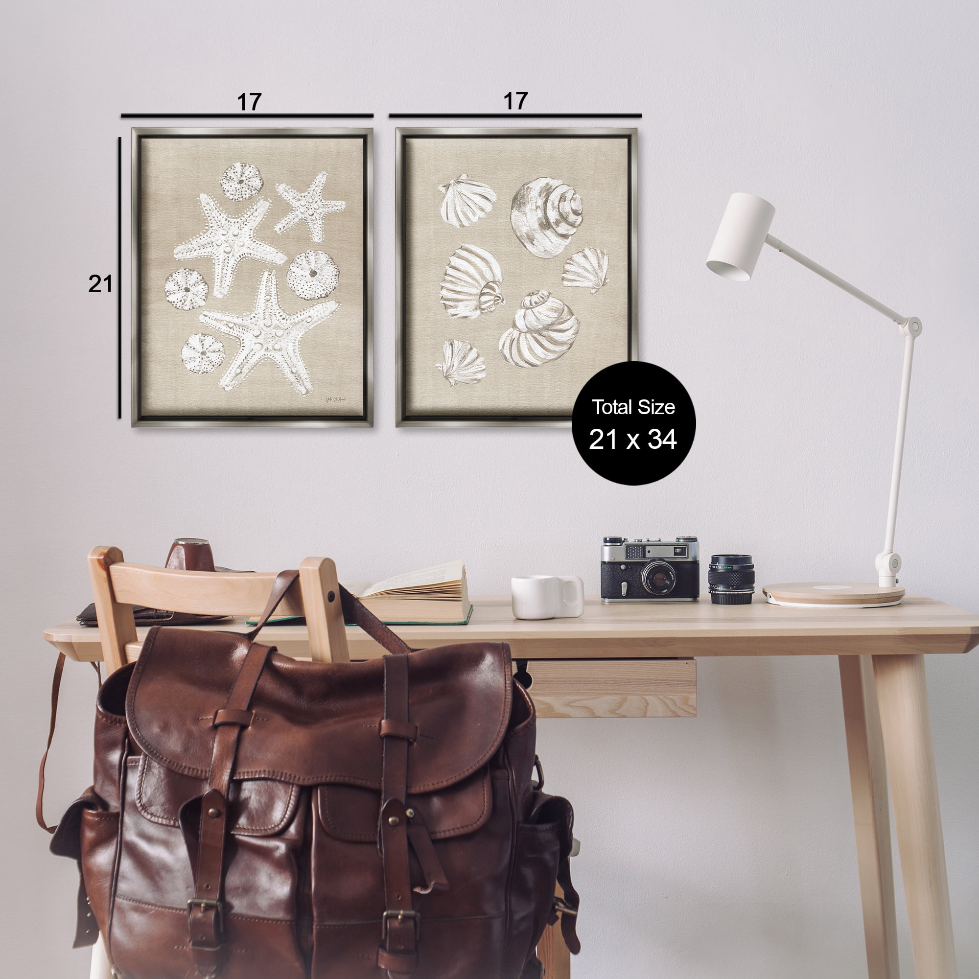 Stupell Industries Beach Treasure Starfish Shells Nautical & Beach Painting Gray Floater Framed Canvas Art Print Wall Art, 17 x 21, Set of 2