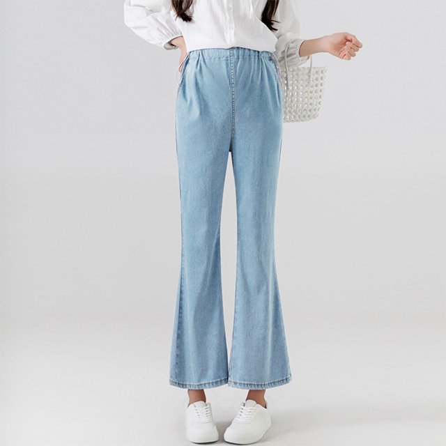 hengsof Comfortable Maternity Cropped Flared Pants with Drawstring Pockets and Elasticated Side Flares