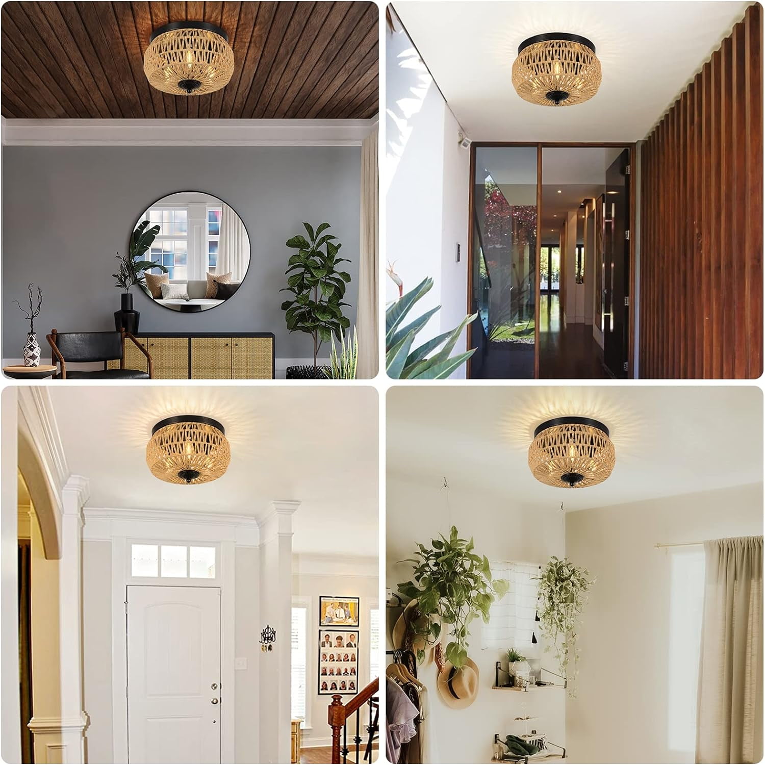 Table Lamp 3-Lights Woven Rattan Flush Mount Ceiling Light Fixture with Hand-Worked Cage Shade for Bedroom, Kitchen, Foyer, Porch,Bedroom Lamp