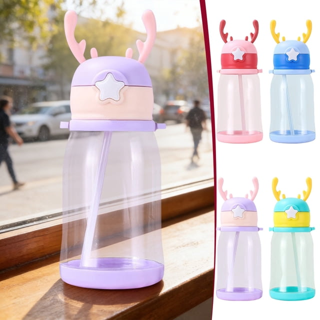 Sentmoon Bottle Water Sport Water Bottle 600ml Sticker Version Deer Large Capacity Cup Cute Deer Straw Water Bottle Leakproof Portable Cup for Adults and Kids Daily/Travel