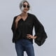thumbnail image 1 of Blusa de mujer con volantes, manga de campana, cuello en V, camisa frontal abotonada, blusas sueltas Abanopi Negro/Extragrande, 1 of 7