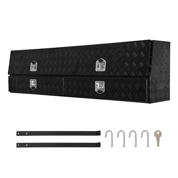 KFFKFF Contractor Truck Tool Box, 81.5 x 21 x 13 in, Black Aluminum TopSider Toolbox with Two Lower Drawers, Flip-Up Door, Durable Weather-Resistant Storage Box with Latch for Truck Bed