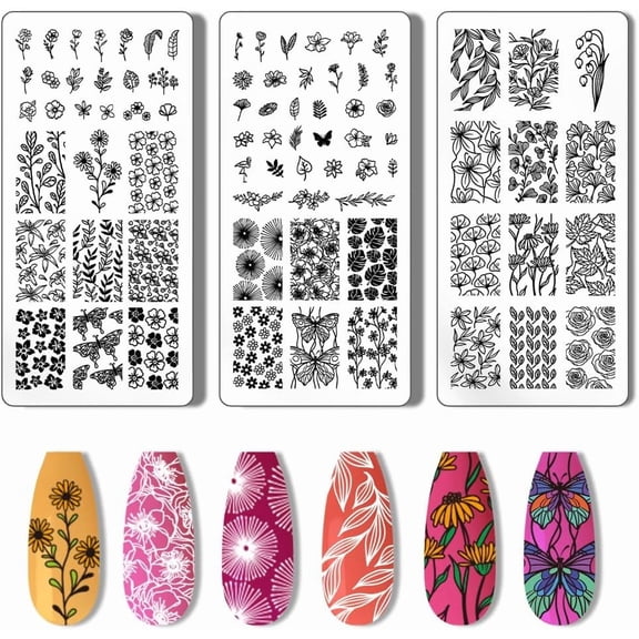 PH 3pcs Stamping Plate Flower Leaf Stamper Plant Stencils Tip Stamp Tool Print Stainless Steel Image Plates for Nail Art Design Manicure Salon Gray