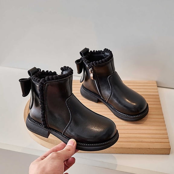 Eltusu Girls Ankle Boots, PU Bow Non-Slip Windproof Winter Booties Black Size 2 Big Kids